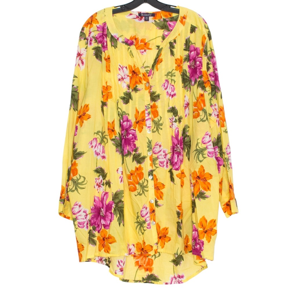 Roamans Top Floral Cottage Boho Romantic Spring Button Up Yellow‎ Plus Size 28W